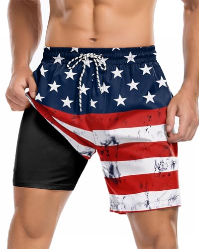 American Trends Mens Swim Trunks 7 Inch with Compression Liner Quick Dry Swim Shorts for Men Beach Board Shorts Bathing Suit with Pockets Large American Flag