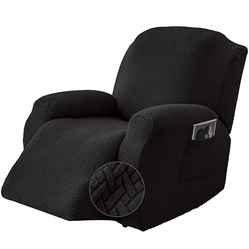 Image of Genina Recliner Chair Cover, Stretch Reclining Chair Covers, Recliner Sofa Slipcovers Stripe Jacquard Lazy Couch Covers Furniture Protector Covers for Pet Kid (Black, 1 Seat)