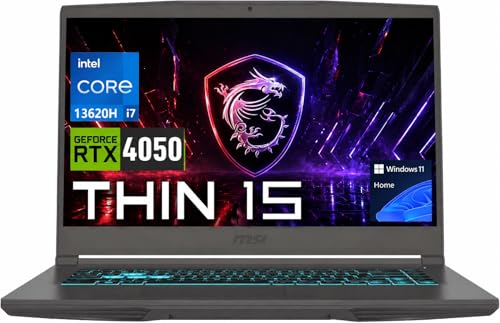 Image of PCONLINE MSI Thin 15 4050 Gaming Laptop, 13 Gen Intel Core i7-13620H, GeForce RTX 4050, 15.6 inch 144Hz FHD IPS-Level, 16GB RAM, 1TB SSD, HDMI, Blue Backlit Keyboard, HD Webcam, Wi-Fi 6E, Windows 11 Home