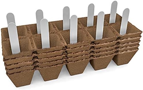 Seed Starter Peat Pots Kit Germination Seedling Trays are Biodegradable and Organic 10 Plastic Plant Markers Included | 5 Pack-50 Cells