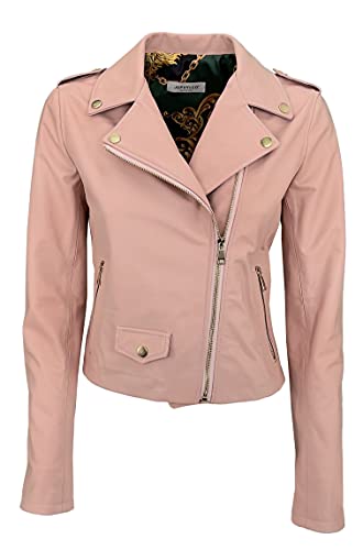 JOPHY & CO. Veste en Cuir Femme Biker Moto Cuir Véritable avec Clou Fabriqué en Italie (code 188468) - Rose - XXL