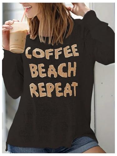 Image of Verdusa Women's Beach Cover Up Sweaters Letter Print Long Sleeve Crochet Crew Neck Knit Sweater Summer Tops