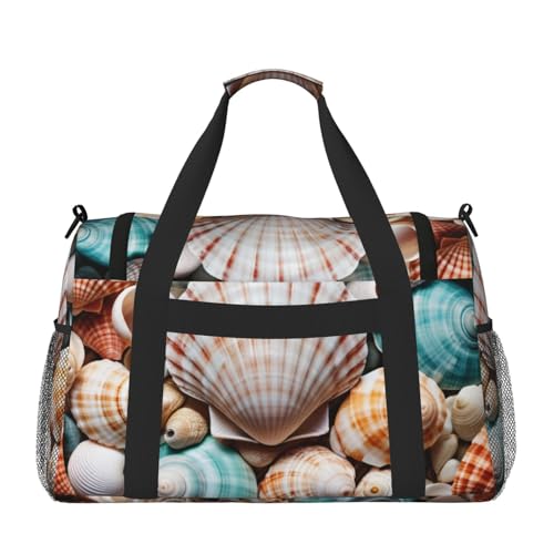 Sea Shell Print Travel Duffle Bag - Foldable Personal Item Travel Bag for Women & Men,Carry-On Convertible Crossbody Tote Bags with Adjustable Shoulder Strap & Pockets 13x10.2x19.7 in2