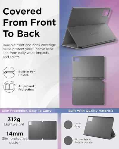 Image of Lenovo Folio Case for Idea Tab, Protective Tablet Cover with Built in Pen Holder, Sleep /Wake Function & Convertible Stand, PU Leather Case, Luna Grey