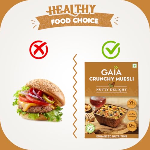 Image of Gaia Nutty Delight Muesli,High Fiber,Source of Protein,Zero Trans Fat,Light and Wholesome Breakfast Choice,Healthy and Nutritious, Combined with Almonds and Raisins 400G (Pack of 2)