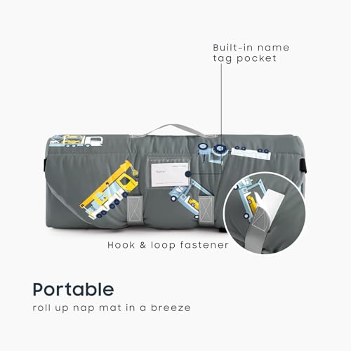 Image of Wake In Cloud - Cot Nap Mat with Pillow and Blanket, 100% Cotton Fabric, for Toddler Kids Boys Ages 3 Plus in Daycare Kindergarten Preschool with Elastic Corner Straps, Cars Cranes Trucks