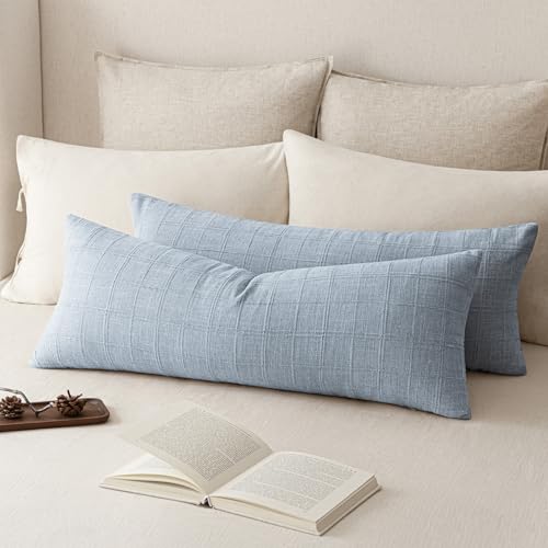 Image of Foindtower Set of 2 Decorative Linen Check Throw Pillow Covers Neutral Farmhouse Vintage Cushion Covers Cozy Modern Boho Accent Home Decor for Sofa Chair Couch Bedroom Living Room,14x36 Inch,Sky Blue