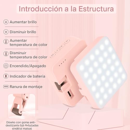 Luz rosa para selfie con clip de 60 LED recargable y soporte integrado 4