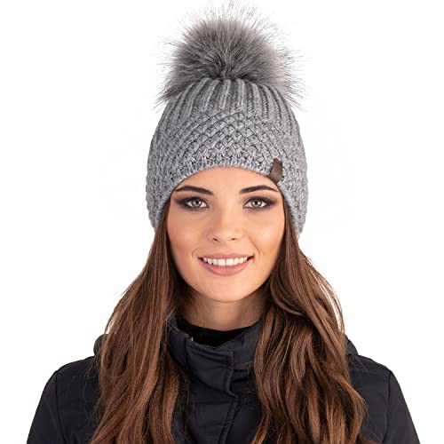 VIVISENCE Wintermütze Mit Bommel Damen Warmes Ideal Für Kalte Wintertage 7016, Hellgrau,Einheitsgröße