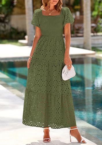 Image of PRETTYGARDEN Summer Dresses for Women 2026 Eyelet Square Neck Puff Sleeve Smocked Wedding Guest Maxi Dress with Pockets