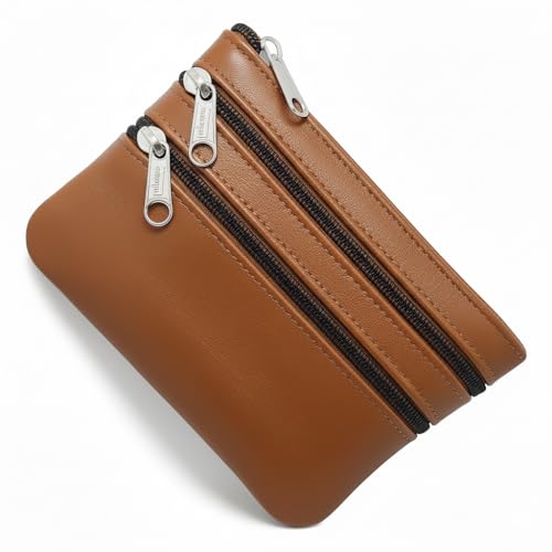 Monedero Mujer Piel Auténtica Pequeño con Cremalleras - Tarjetero Monedero (Cuero)