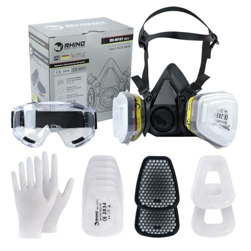 RHINO Smart Solutions Mascarilla con Filtro de Carbono Proteccion para Pintura, Gases, Polvo, Fitosanitarios, Vapores Orgánicos y Ácidos | Mascara Reutilizable de Media Cara y Gafas de Seguridad
