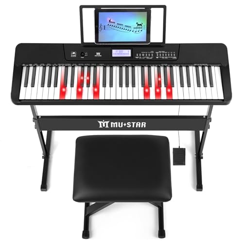 MUSTAR Piano à clavier lumineux 61 touches, clavier numérique pour débutants, piano électrique avec enseignement intelligent, support, tabouret, casque (Noir)