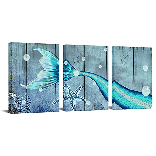 Simiwow Teal Blue Mermaid Wall Decor - Beautiful Ocan Mermaid Tail Paintings Artwork Pictures For Girls Bathroom Bedroom Wall Framed12 X16 X3 Panels #TOP5