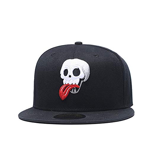 Quanhaigou White Skull Skeleton Face Embroidery Snapback Hat, Men's Womens Adjustable Flat Bill Baseball Cap Black #TOP2