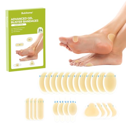Almohadillas para ampollas tiritas - 24 Piezas Bukihome Gel Ampollas Planta Del Pie,Resistentes al agua,Vendas hidrocoloides para pies,Parche antifricción (Variety Pack)