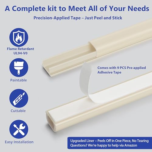 Image of One Cord Cover Wall 153in(9X L17in) - Mini Wire Hider, Wire Cover for Hiding Speaker Wire, Baby Monitor Cord - Paintable Wire Channel for Cable Concealer, W0.5in H0.3in, CMR05 Beige