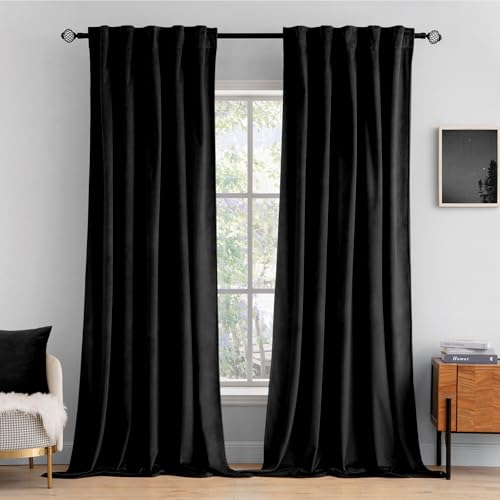 Image of MIULEE Black Velvet Curtains 52x90 inches 2 Panels Luxury Blackout Curtains | Thermal Insulated, Super Soft Window Drapes for Bedroom Living Room, Rod Pocket & Back Tab, Halloween Decor