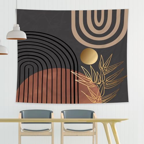 Komllex KOM-WXYLW-75957 Abstract Mid Century Tapestry 59Wx51H Boho Neutral Men Wall Hanging Arch Sun Leaves Minimalist Modern Geometric Simple Black Brown Gold Home Decor Art thumb #3