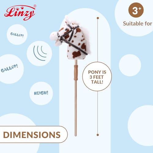 Image of Linzy Toys 35.5 inch Plush Stick Horse - Funny Hobby Horse with Pony Sound, Soft Realistic Mane & Durable Leather Reins, Pretend Play Riding Toy for Boys & Girls Ages 3+ (Spotted)