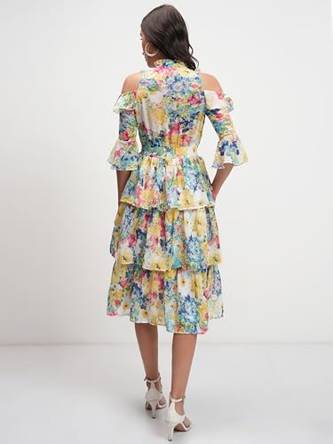 Image of Tokyo Talkies Women's Graceful Floral Ruffle Short Dress with Elegant Elbow-Below Sleeves Perfect for Brunches, Vacations & Stylish Outings