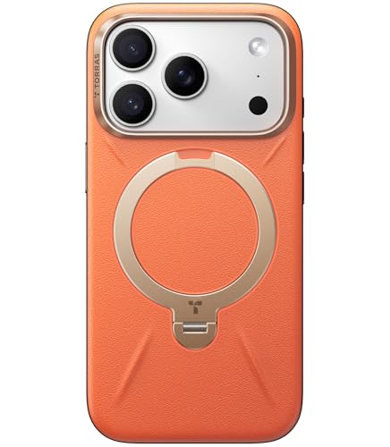 TORRAS iPhone 17 Pro 用 ケース【新感覚レザー・スキンタッチ】Ostand Q3 レザートーン MagSafe対応 リング スタンド 360°定点回転 縦横両対応 マグネット搭載 革 カメラコントロールボタン 米軍規格 耐衝撃 指紋防止 ファイアオパール ・オレンジ