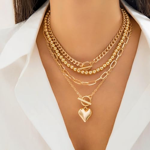 Women's Hip Hop Necklace Set - 4-Piece Chunky Chain Jewelry with Beaded Choker, T-Bar Toggle Clasp, Paperclip, Herringbone & Cuban Link Ropes for Edgy Style2