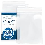 Spartan Industrial || 200 Count - 6” X 9” Self Seal Clear Cello Cellophane Resealable Poly Bags for Jewelry, Cards, Photos, Envelopes (More Sizes Available) - Reinforced