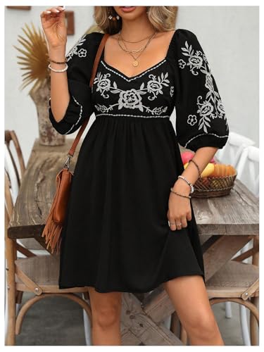Floerns Women's Embroidery Floral Bishop Sleeve Sweetheart Neck Boho A Line Dress3