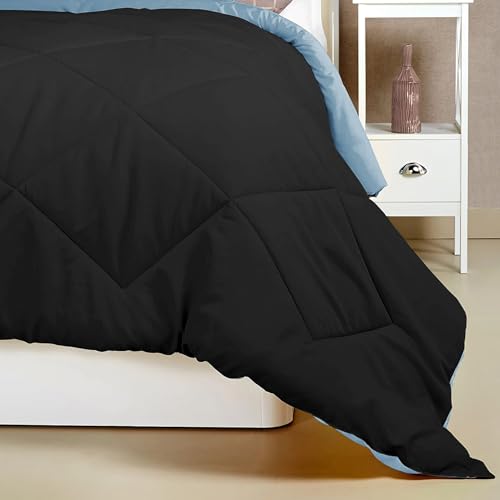 Image of Amazon Brand - Umi AC Comforter Double Bed | AC Blanket Double Bed | 220 GSM Ultra Super Soft Microfiber Reversible Lightweight All-Weather Bed Comforter /Duvet /Quilt (90 inchX86 inch Inche, Black & Grey)
