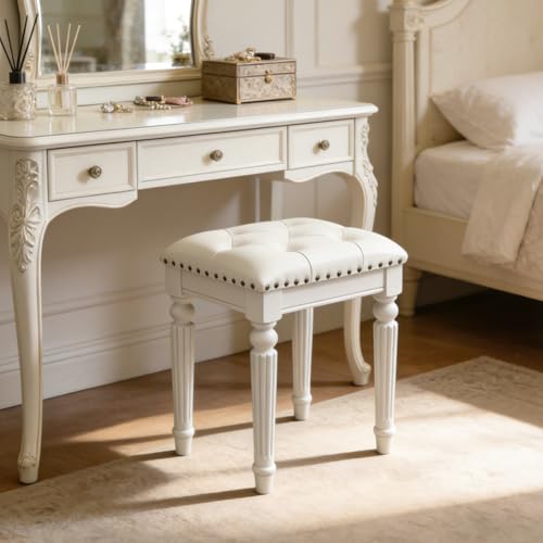 Vanity Stool with White Faux Leather Cushion, Small Vanity Bench-Tufted Leatherette Seat with Nailhead Trim & Button-Tufted Design,Solid Wood Legs with Carved Detail, Backless Makeup Stool for Bedroom by kikiumi - Used condition - US$83.06