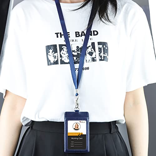 ID Badge Holder, Vertical PU Leather ID Badge Holder with 1 Clear ID Window & 1 Credit Card Slot and a Detachable Neck Lanyard (Blue)