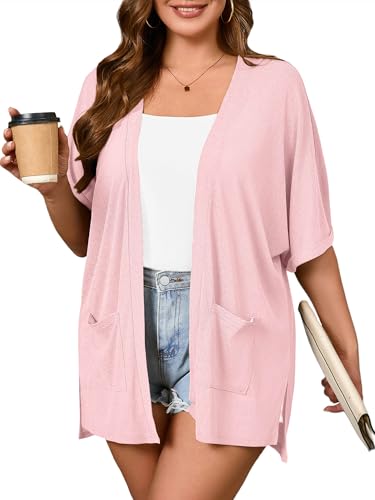 Image of AusLook Plus Size Cardigan for Women Short Sleeve Lightweight Open Front Shrug with Pockets for Dresses and Layering 1X-5X