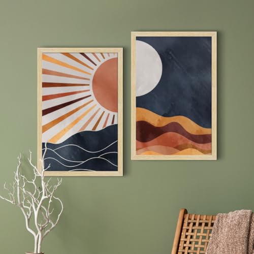 Image of ArtX Paper Boho Art Paintings with Frame for Home Decor, Abstract Wall Painting for Living Room, Multicolor, Natural Wood Color Frames, 12.0 x 18.0 inch, Set of 2