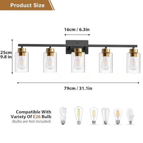 Image of IZORRO Bathroom Light Fixtures, Modern Vanity Lights, Bathroom Lighting Fixtures Over Mirror with Clear Glass Shade, Wall Sconce for Living Room Cabinet Bedroom (Black and Gold, 5-Light)