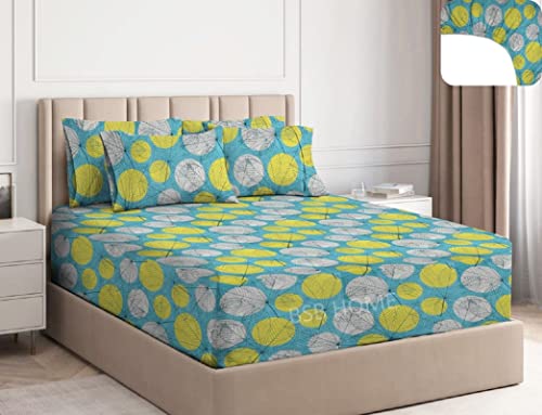 Image of BSB HOME Cotton Feel Glace Cotton Elastic Fitted Printed King Size Double Bed Bedsheet with 2 Pillow Cover(78 inchx72 inch+10 inch, Light Green & White)