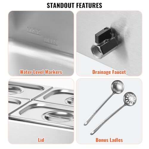 VEVOR kommerzieller Speisenwärmer 15L 4x1/4 Größe Speisebehälter, elektrische Warmhalteplatte, 1200 W Arbeitsplatte aus Edelstahl, Buffet-Bain-Marie, 30–85 °C Temperaturregelung für Gastronomie – Bild 7