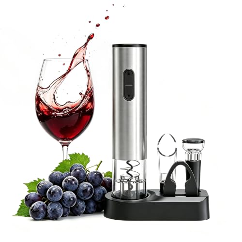 Image of PEIPU Electric Wine Opener Set, Battery Operated 5-in-1 Wine Gifts for Wine Lovers with Storage Base, Foil Cutter, Wine Aerator Pourer & Vacuum Stoppers, Silver