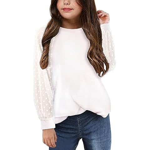 Yekaty Girls Shirts White Soft Long Sleeve Crewneck Tops Loose Casual Cute Shirts Solid Color Blouse Cover