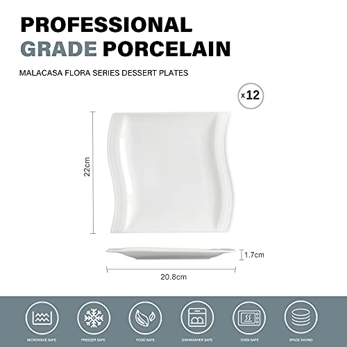 MALACASA serie Flora, Juego de Platos 12 piezas, Platos de Postre/Cenar/Fideo/Tarta, 8,25" Blanco Marfil Porcelana Platos Llanos - Imagen 3