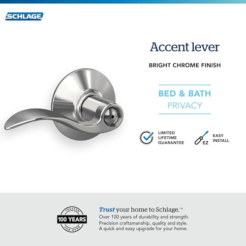 Image of Schlage F40 ACC 625 Accent Door Lever, Bed & Bath Privacy Lock, Bright Chrome