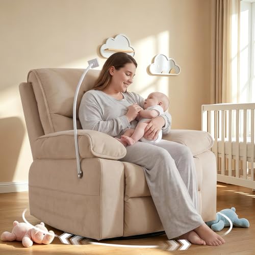Image of 360 Swivel Glider Rocking Chair Nursery， Oversized Recliner with Phone Holder，Nursing Chairs for Breastfeeding with Wide Foot Rest for Living Room and Baby Room,Linen