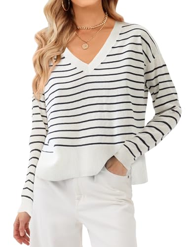 SDEER Women's V Neck Stripe Knit Tops Casual Long Sleeve Drop Shoulder Pullover Color Block Loose Fit Sweater Tops