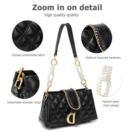 Small Shoulder Crossbody Handbag for Women, Soft Quilted Clutch Purse Mini Crossbody Bag With Pearl Chain3