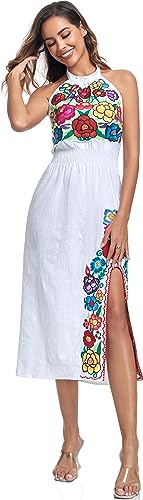 Image of Womens Mexican Floral Embroidered Halter Maxi Dress Side Slit Boho Dress