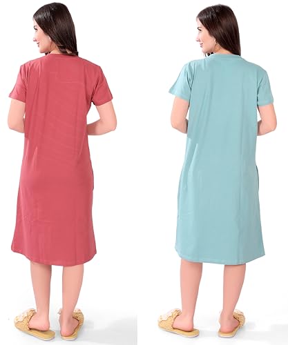 Image of Printed Knee Length Pocket Night Dresses for Women | Cat Lover | Premium Soft Cotton Nighty | Blue and Maroon