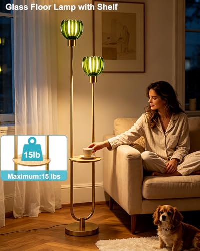 Image of Lightdot Glass Floor Lamp with Table 2-Lights Modern Gold Standing Tall Lamps with Green Lotus Glass Shade,LED Floor Lamp with Foot Switch for Living Room Bedroom Home Office (Bulbs Included)