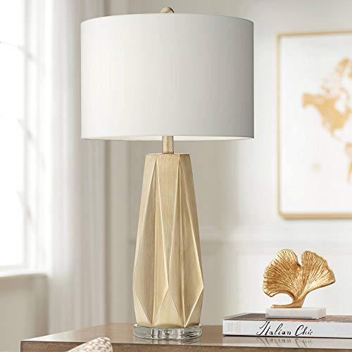 Bravo Modern Contemporary Style Table Lamp Champagne Geometric Cut White Drum Shade Decor for Living Room Bedroom House Bedside Nightstand Home Office Entryway Reading Family - Possini Euro Design