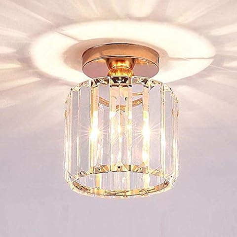 Mengjay Trade Chandelier Crystal Ceiling Lighting Semi Flush Mount Close to Ceiling Light Fixture Modern Crystal Pendant Light Single Head Ceiling Light for Dining Room Bedroom Hallway,E26 Base,Gold Cover