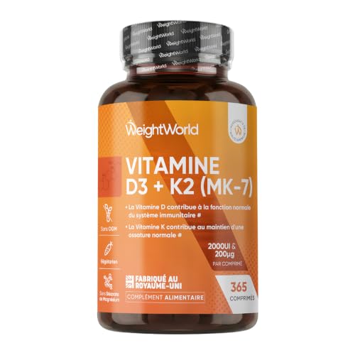 Vitamine D3 K2 MK7, 365 Micro-Comprimés Végétariens, Vit D3 2000UI & K2 MK7